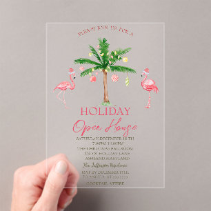 Palm Pink Flamingos Holiday Open House  Acrylic Invitations