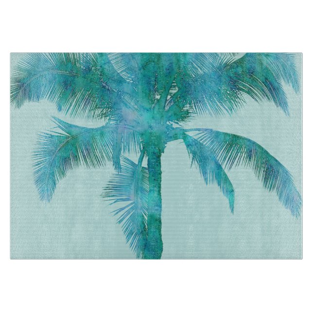 Palm Silhouette Blue Watercolor Background Texture Cutting Board (Front)
