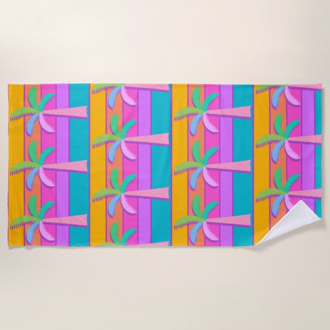  Palm Springs Bold Sunset Stripes Palm Tree Beach Towel (Front)