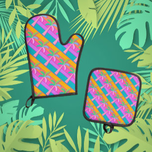  Palm Springs Bold Sunset Stripes Palm Tree Oven Mitt & Pot Holder Set
