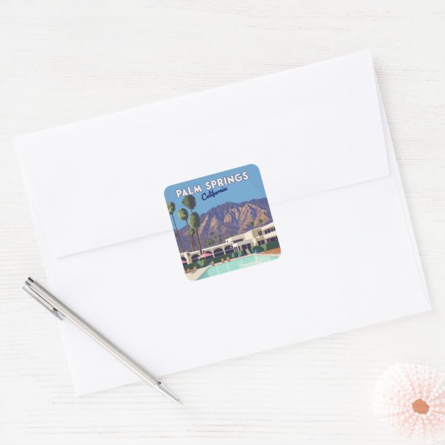 Palm Springs California Pool Hotel Trees Retro Square Sticker (Envelope)