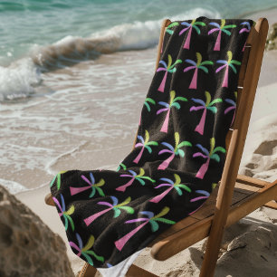 Palm Springs Colourful Palm Trees Black Backgroun Beach Towel