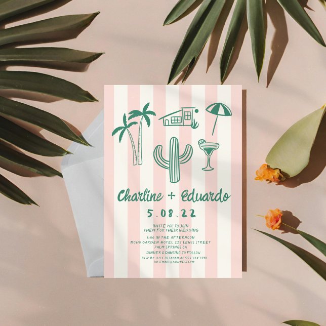 Palm Springs Green Pink Hand drawn Wedding  Invitation (Creator Uploaded)
