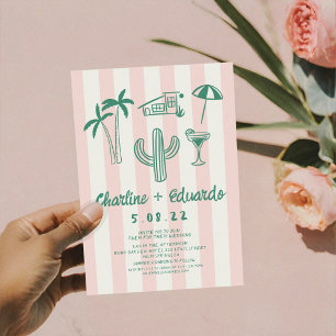 Palm Springs Green Pink Hand drawn Wedding Invitation