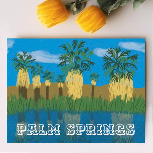 Palm Springs Oasis Desert Coachella California Holiday Postcard (Palm Springs palm tree oasis illustration. Sweet travel themed postcard. Check my shop for more!)