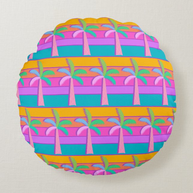  Palm Springs Retro Bold Striped Palm Tree Round Cushion (Front)