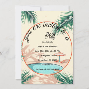 Palm Springs Summer Pool Party Pink Birthday Invit Invitation
