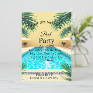 Palm Springs Summer Pool Party Pink Birthday Invitation