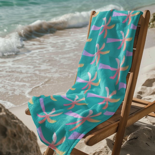  Palm Springs Turquoise Blue Tropical Palm Tree Beach Towel (Colorful palm trees on Caribbean blue background)