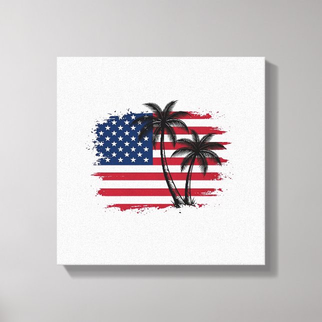 Palm Tree American Flag Patriotic Beach Vector Art Canvas Print (Front)