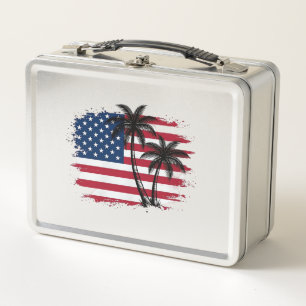 Palm Tree American Flag Patriotic Beach Vector Art Metal Lunch Box