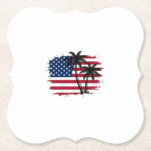 Palm Tree American Flag Patriotic Beach Vector Art Paper Coaster