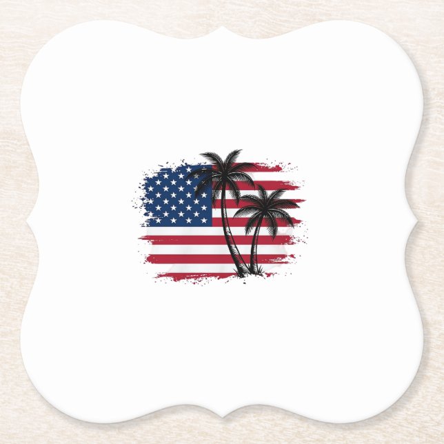 Palm Tree American Flag Patriotic Beach Vector Art Paper Coaster (Front)