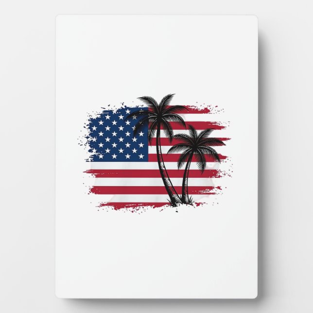 Palm Tree American Flag Patriotic Beach Vector Art Plaque (Front)