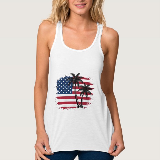 Palm Tree American Flag Patriotic Beach Vector Art Singlet (Front)