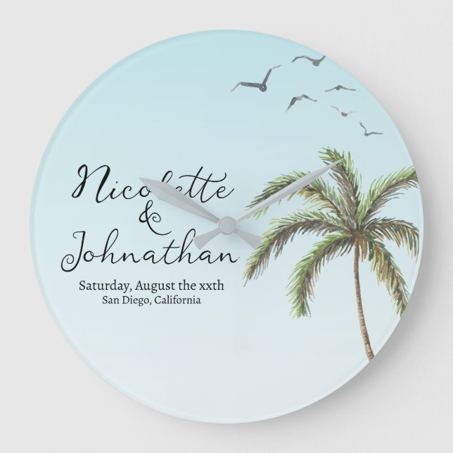 Palm Tree and Birds Simple Beach Wedding Large Clock (Front)