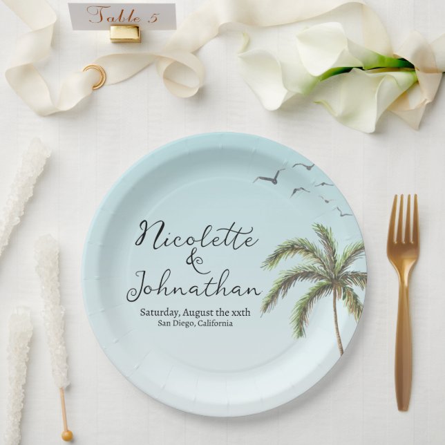Palm Tree and Birds Simple Beach Wedding Paper Plate (Wedding)