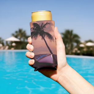 Palm Tree and Boat Beach Sunset Seltzer Can Cooler