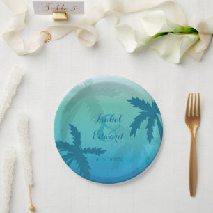 Palm Tree And Custom Couple Names Tropical Wedding Paper Plate