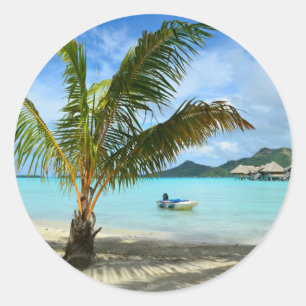 Palm tree and overwater resort round sticker