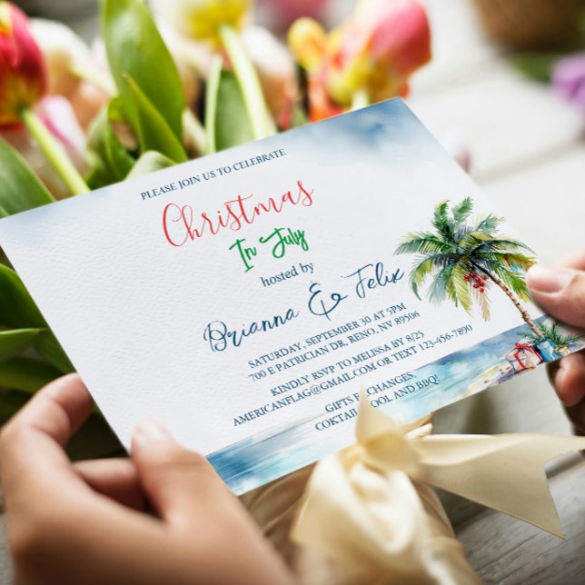 Palm Tree And Present Christmas in July Invitation (Creator Uploaded)