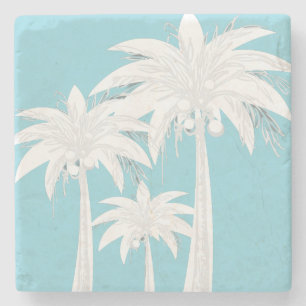 Palm Tree Aqua Blue Grey White Modern Tropical Stone Coaster