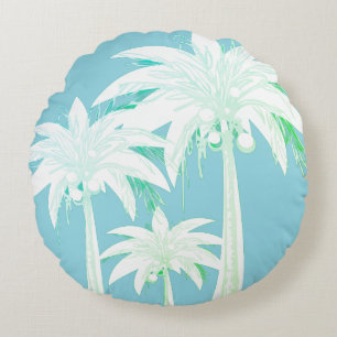 Palm Tree Aqua Blue Summer Green White Tropical Round Cushion
