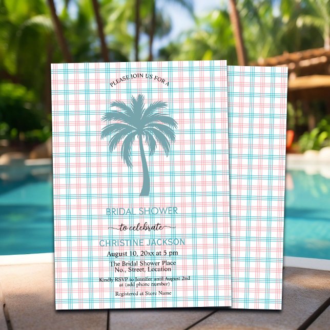Palm Tree Azure Pink Chequered Bridal Shower Invitation (Creator Uploaded)