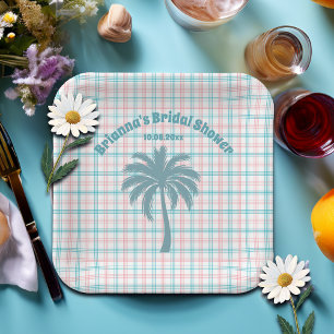 Palm Tree Azure Pink Chequered Bridal Shower Paper Plate