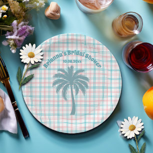 Palm Tree Azure Pink Chequered Bridal Shower Paper Plate