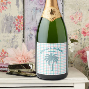 Palm Tree Azure Pink Chequered Bridal Shower Sparkling Wine Label