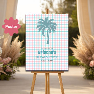 Palm Tree Azure Pink Chequered Bridal Welcome Poster