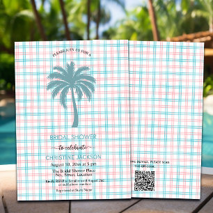 Palm Tree Azure Pink Chequered QR Code Bridal Invitation