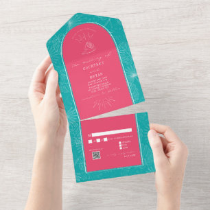 Palm Tree Beach Beach Pink Blue Wedding QR Code All In One Invitation