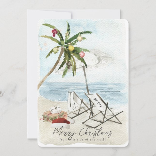 Palm Tree & Beach Chairs Tropical Holiday Card (Front)