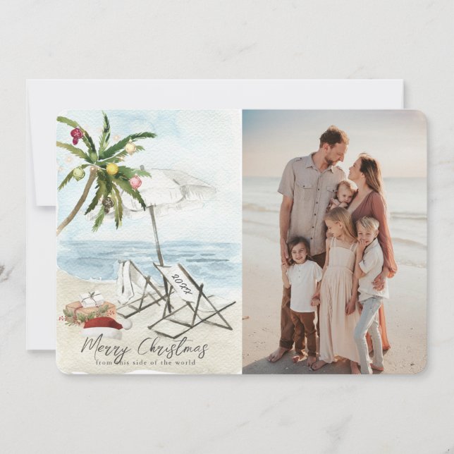Palm Tree Beach Chairs Tropical Holiday Photo Card (Front)