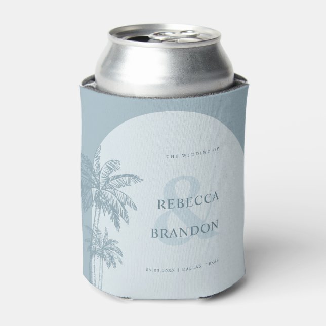 Palm Tree Beach Dusty Blue Nautical Wedding Favour Can Cooler (Can Front)
