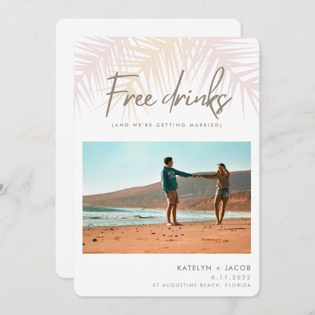 Palm Tree Beach Free Drinks Photo Wedding Save The Date (Front/Back)