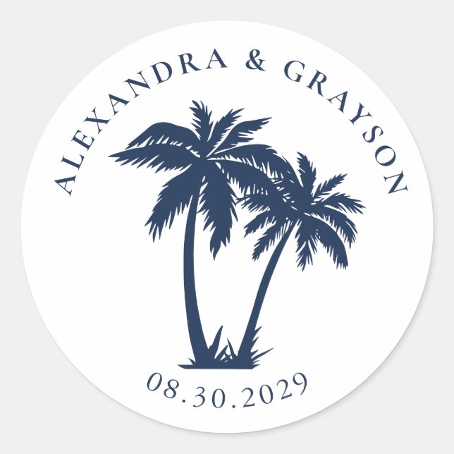 Palm Tree Beach Nautical Navy Wedding  Classic Round Sticker (Front)