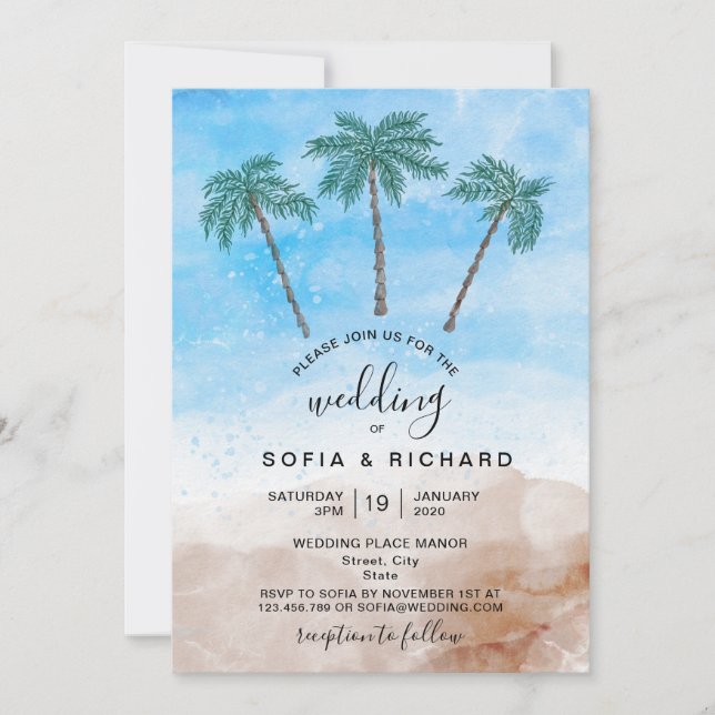 Palm tree beach ocean island tropical invitation (Front)