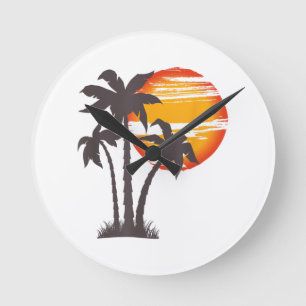 Palm Tree Beach Ocean Summer Vacation Sunset Parad Round Clock
