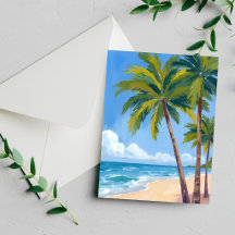 Palm Tree Beach | Tropical Watercolor Blue Card