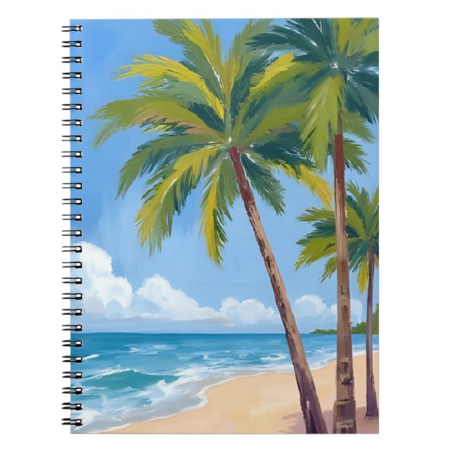 Palm Tree Beach | Tropical Watercolor Blue Painted Notebook (Front)