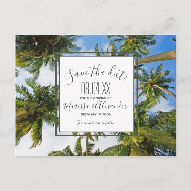 Palm Tree Beach Tropical Wedding Save the Dates Announcement Postcard (Front)