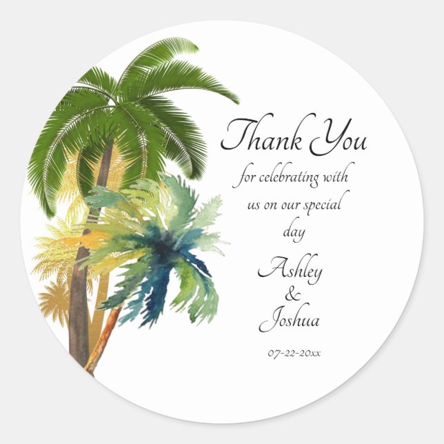 Palm Tree Beach Wedding  Classic Round Sticker (Front)