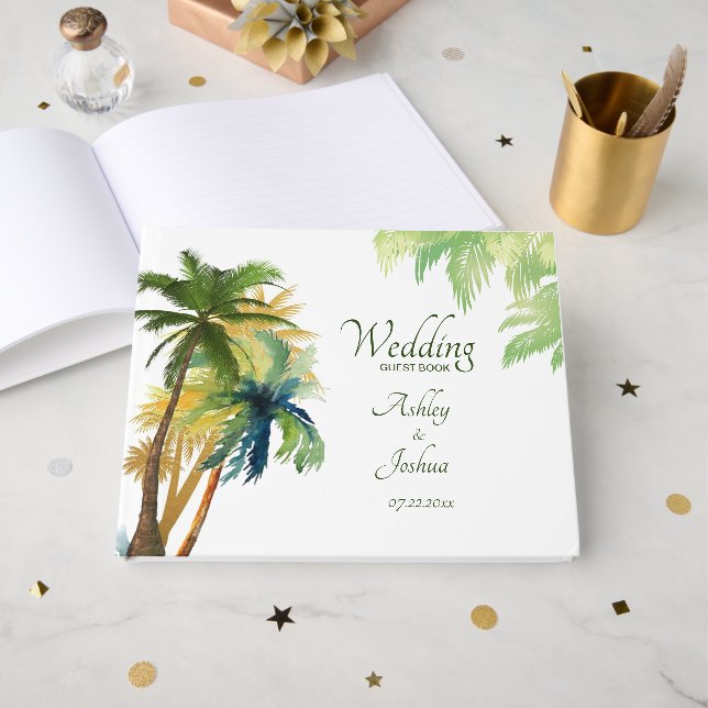 Palm Tree Beach Wedding Guest Book (Front Open)