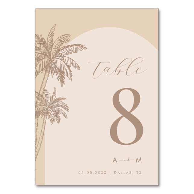Palm Tree Beige Classic Monogram Beach Wedding  Table Number (Back)