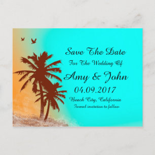 Palm tree blue ocean wedding save the date beach2 announcement postcard