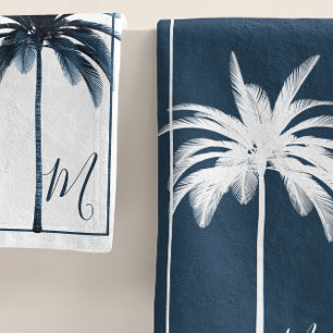 Palm Tree Blue White Tropical Elegant Monogram   Bath Towel Set