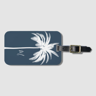 Palm Tree Blue White Tropical Elegant Monogram Luggage Tag